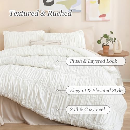 Image of weigelia Cream Comforter Set King - Textured Ruched Cream Ivory King Comforter Set, Soft White Aesthetic Bedding with 2 Pillowcases, 3 Piece Modern Organic Bedroom Comforter Set