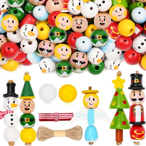 JOYIN 202 pcs, Ensemble perles bois Noël à fabriquer, Ornements imprimés