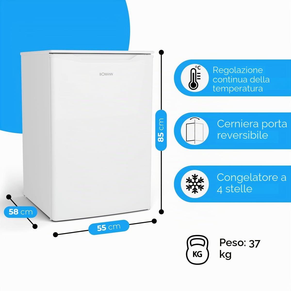 Bomann, Congelatore 87 L GS7253-Bianco 4 Stelle, Controllo Progressivo della Temperatura, 3 Cassetti, Vaschetta Ghiaccio, Reversibile, Classe N/ST/T, Ideale per Carne e Verdura, Rumorosità 40 dB