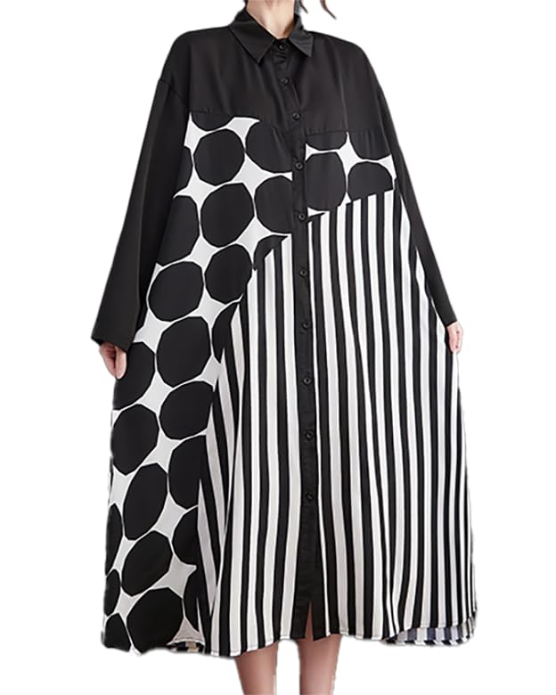 Image of ellazhu Womens Fall Casual Patchwork Funky Long Sleeve Designer Dress Loose Blouse GY2787 A