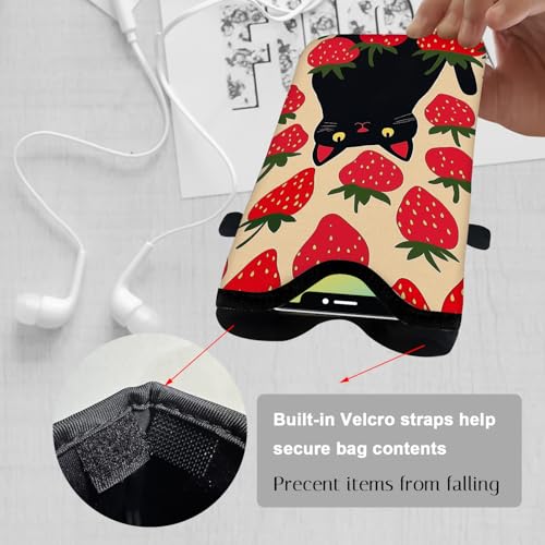 Image of Neoprene Cell Phone Sleeve Pouch Case Bag with Crossbody Strap Neck Lanyard for Women 7.1 X 3.9 in Strawberry Cat