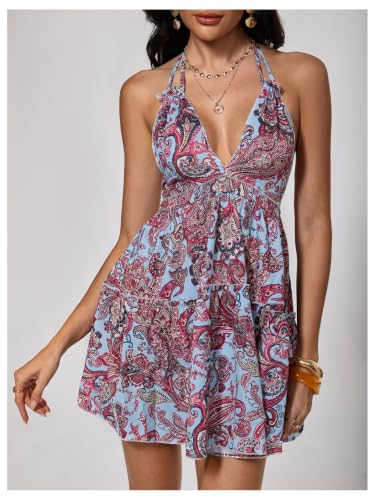 Image of SOLY HUX Women's Summer Boho Paisley Print Halter Dress Deep V Neck Tie Backless Sleeveless Mini Dresses Sundress