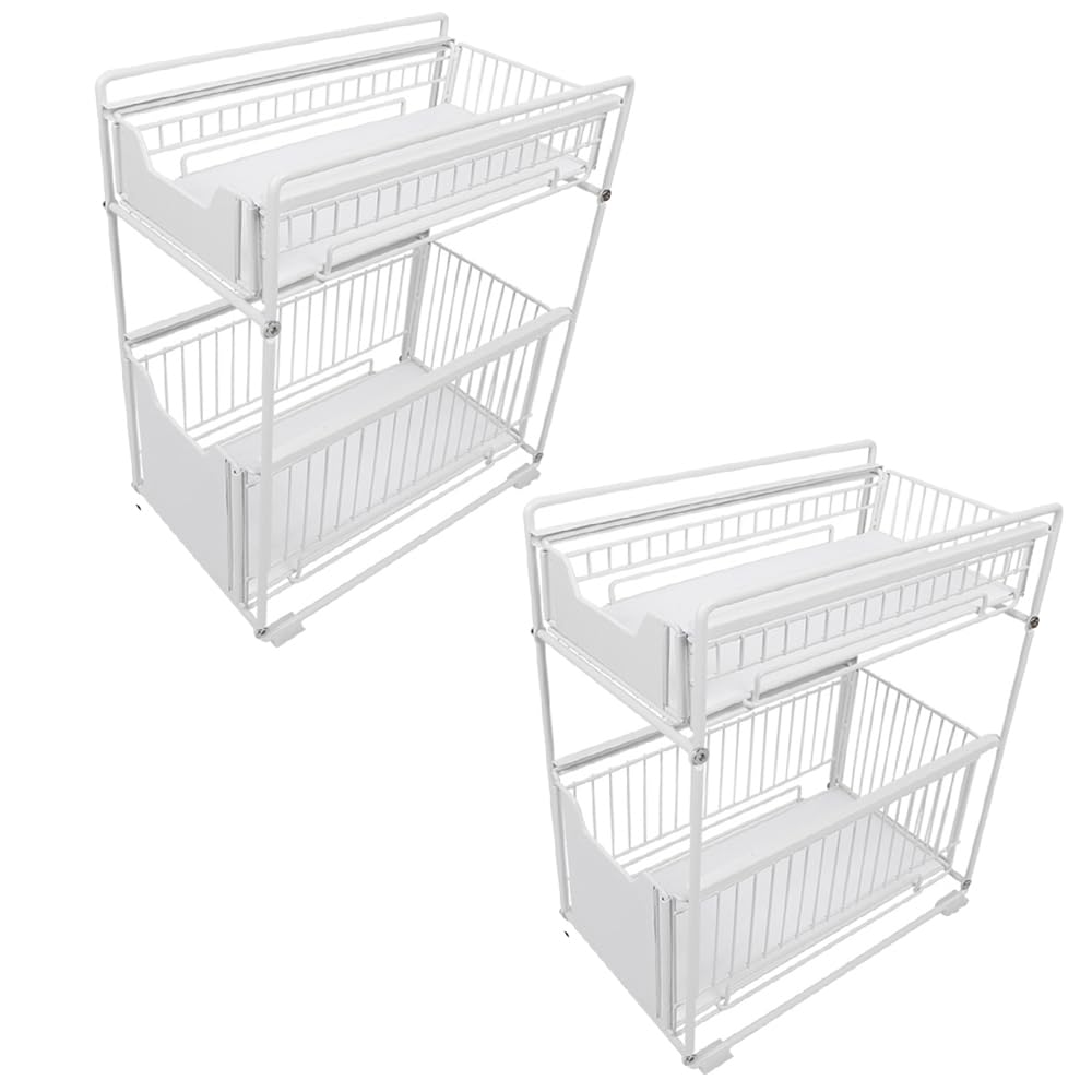 GLIT Küchenorganizer Unterspülenablage mit 2 Ebenen, Küchenorganizator mit 2 ausziehbaren Schubladen, Schieberegal für Speisekammer, Schlafzimmer, Gewürzhalter (Weiß, 2 Stück)