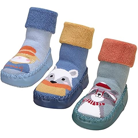 AIEOE 3 Pairs Baby Sock Shoes Non-Skid Rubber Soft Sole Infant Slippers Prewalker Shoes Winter House Slipper Blue Cat Blue Fox Green Cat 18-24 Months Cover