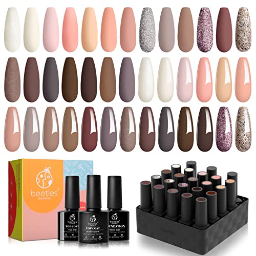 Beetles 20Pcs Gel Nail Polish Kit, Soak Off Nail Gel Polish Set Nude Glitter Pastel Pink Gel Nail Kit Peach Brown Natural Skin Tone Nail Art with Glossy & Matte Top Base Coat Mother's Day Gifts for Women