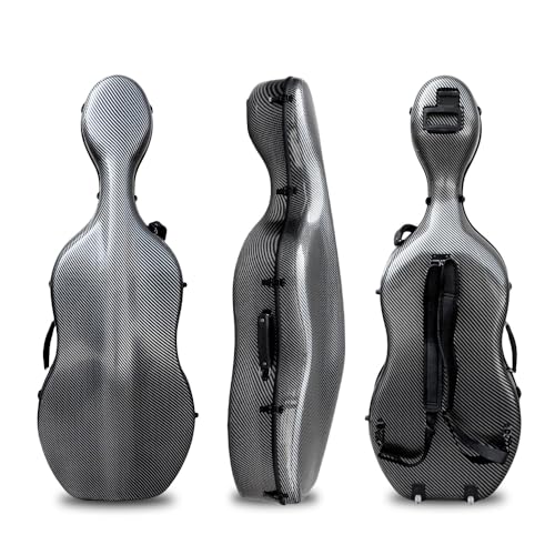 YoungMonic Carbon Fiber Cello Case 4/4 Full Size with Wheels & Embedded Handle Hard Shell Cello Box Lightweight Backstrap Portable Cello Accessories ca. 4.0 kg