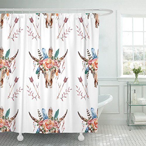 Emvency Shower Curtain Black Abstract Watercolor Boho Aztec Skull With Feathers Flowers Ancient Waterproof Polyester Fabric 72 X 72 Inches Set With Hooks #TOP6