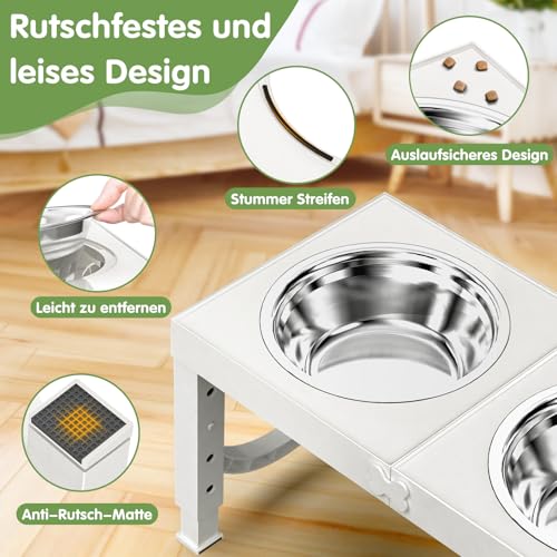 X XBEN Erhöhter Hundenapf, 5 Höhenverstellbar Futternapf für Kleine Mittlere Große Hunde, Futterstation 2 Große Eingedickte Edelstahlschalen, Rutschfester Hundenapf, BPA frei Plastik, Weiß