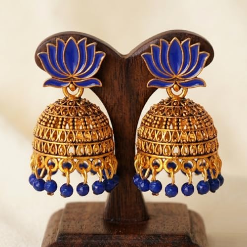 Image of OnlyKing Traditional Lotus Meenakari Jhumka Earrings for Women & Girls | Gold Color Oxidised Ethnic Floral Jhumki | Temple South Indian Style Ear rings Set | Stylish Trending Big Colorful Jhumkas (Available in 12 Colors)