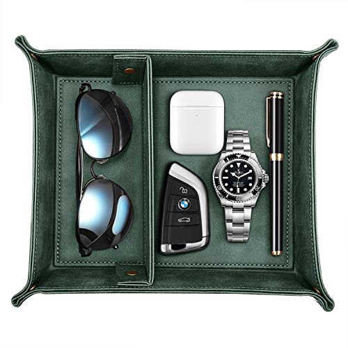 SITHON Bandeja de PU Cuero, Almacenamiento Organizador para Joyas con 2 Extraíble Compartimentos, Soporte Caja de Escritorio para mando a distancia, Relojes, Llaves, Monedas, Teléfonos (Verde)