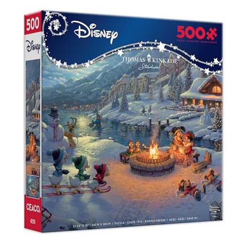 Ceaco - Disney - Thomas Kinkade - Mickey and Minnie Christmas Lodge - 500 Piece Holiday Puzzle - Festive, Puzzle for Adults – Precision-Cut Pieces, Winter Artwork, Hours of Relaxing Fun