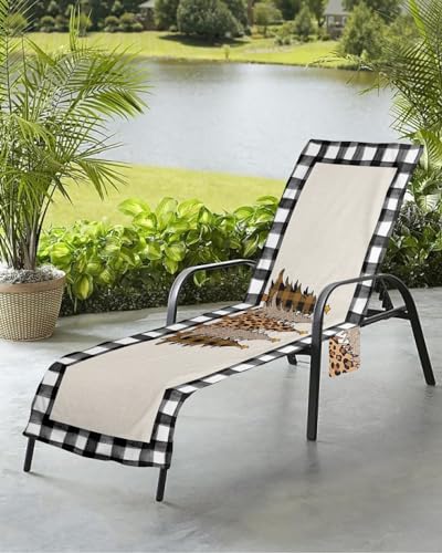 Christmas Beach Chair Towel Covers for Chaise Lounge with Side Pocket, Soft Plush Pool Towels Cover for Patio Sunbathing Outdoor 29''x85'' Leopard Plaid Brown Xmas Tree