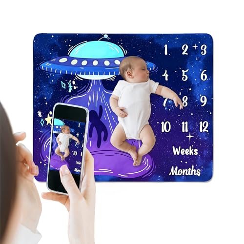 Image of UFO Baby Monthly Milestone Blanket, 48x48in Soft Flannel, Alien Round Spaceship, Newborn Mom Gifts, Baby Shower Age Growth Tracker with Bonus Maker (Purple Blue, 48x48in)