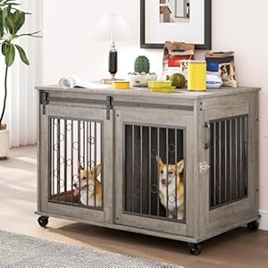 Rophefx dog crate furniture with sliding door dog kennel furniture with divider for 2 puppies puppy dog cage with flip up top and wheels indoor wooden dog house grey  urban country home decor