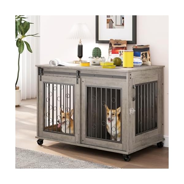 Rophefx dog crate furniture with sliding door dog kennel furniture with divider for 2 puppies puppy dog cage with flip up top and wheels indoor wooden dog house grey  urban country home decor