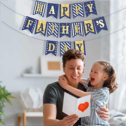Image of Happy Father's Day Gold Banner Bunting Banner for Dad Father's Party Decorations Backdrop Garland for Father's Day (blue gold)
