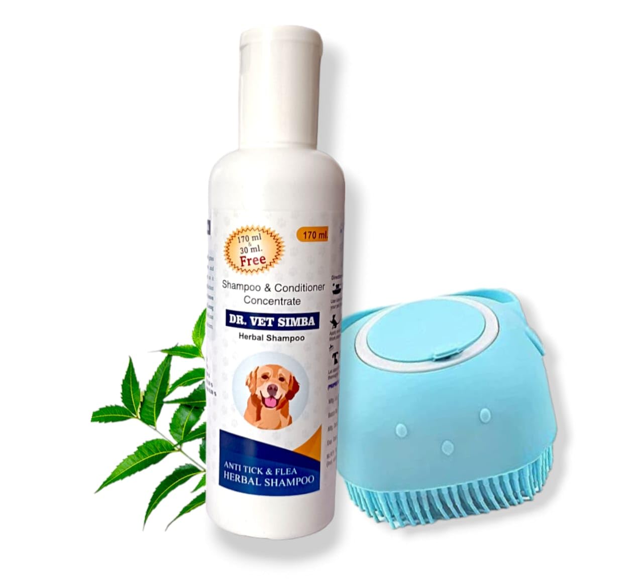 Herbal Shampoo for Dogs, Anti-Tick and Flea, Natural Ingredients, Gentle Cleansing Formula 200ml with Silicone Bath Brush
