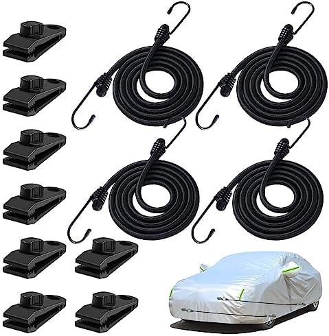 BETERNY 4PCS 50 Inch Car Cover Gust Straps, Heavy Duty Wind Protector Bungee Cords Hook Clips Kit Fit for Most Cars, Sedans, SUVs, Trucks, Vans, Motorcycles, Boat-Black