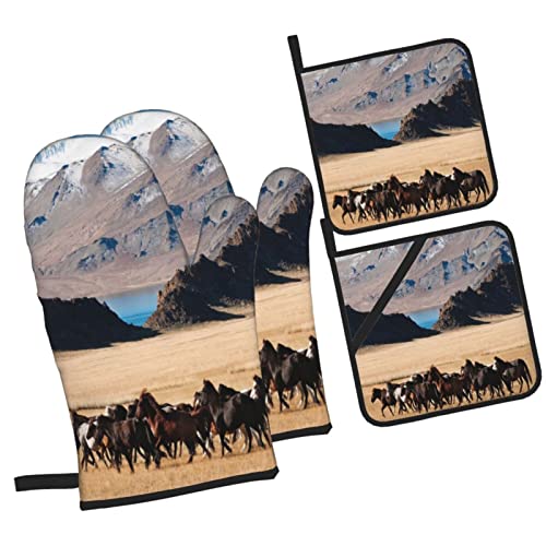 Donmyer Western Mountain Farm Horses Animal Oven Mitts Pot Holders Sets Of 4 Oven Mitts Heat Resistant Oven Gloves Set Horses Potholders Kitchen Baking Grilling Non-Slip Cooking Mitts, 7.2X11In+8X8In #TOP1