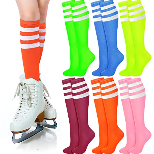 Unittype 6 Pair Rainbow Knee High Socks Women Colorful Striped Socks Ice Skating Soccer Stockings for Halloween Costume