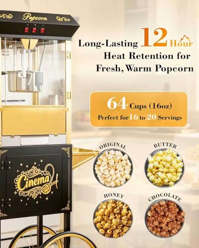 Image of Large Popcorn Machine with Cart: Vintage Commercial Popcorn Maker Movie Theater Style Makes Up to 64 Cups for Home Party Office, 16 Oz Popcorn Machine with Cart, Black