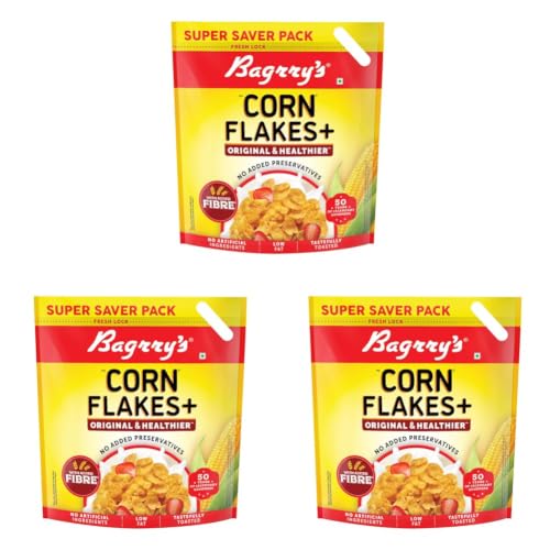 Image of Bagrry's Corn Flakes Plus 1.2kg | Original and Healthier | Low Fat & Cholesterol | Added Fibre | Toasted & Crunchy Prebiotic Breakfast Cereal | No Added Preservatives (Pack of 3)
