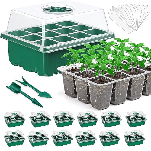 Fabulas Seed Starter Tray Kit, 12 Packs Seedling Starting Trays with Humidity Dome and Base, Reusable 144 Cells Plant Germination Trays for Mini Greenhouse Propagator Indoor Garden