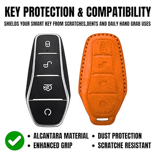 Image of KMH Alcantara Key Cover Compatible with BYD Atto 3 Models Smart Keycover with Keychain 4 Buttons Shell Case Holder Full Key Protector Dolphin Style Smart Keycover, Orange - Pack of 1