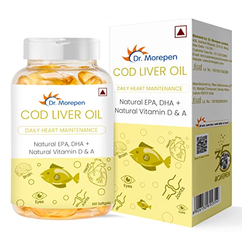 DR. MOREPEN COD Liver Oil Capsules With Natural Omega 3, Natural EPA & DHA | Nature’s Powerhouse of Vitamin D & A | UltraPure & Finest COD Fish | Best Natural Dietary Supplement For Immune Health, Healthy Heart, Brain, Eyes, Joints & Muscles – 100 Softgels DR. MOREPEN COD Liver Oil Capsules With Natural Omega 3, Natural EPA & DHA | Nature’s Powerhouse of Vitamin D & A | UltraPure & Finest COD Fish | Best Natural Dietary Supplement For Immune Health, Healthy Heart, Brain, Eyes, Joints & Muscles – 100 Softgels