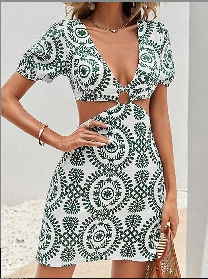 Image of SISKIN Summer Dresses for Women 2025 Vacation,Sexy Bodycon Cut Out Short Puff Sleeve Tie Back Dress for Women