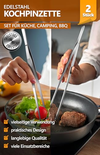 4smile Kochpinzette, 2 Stück Set - Kochpinzette Edelstahl, 30 cm lang, Pinzette Küche - Grillpinzette rund zum Kochen und Braten + Küchenpinzette spitz zum Dekorieren 2