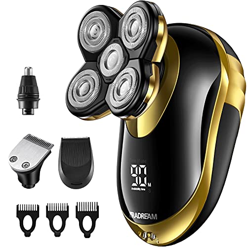 Head Shaver, ERADREAM Electric Razor for Bald Men 4 in 1 Electric Shaver 5D Floating USB Rechargeable Nose Hair Shaver 100% IPX7 Waterproof Wet Dry Shave, Gold