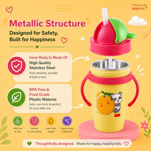 Image of Nabhya Inner Stainless Steel & Outer Plastic 360ml BPA-Free Cute Animal Design Baby Sipper Kids Water Bottle with Straw and Side Handle for Kids (Pink)