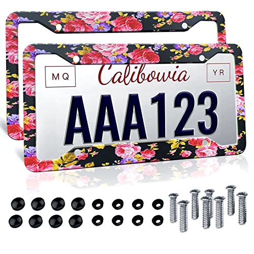 Rose License Plate Frames - 2 Pack Set Vintage Pink Floral License Plates Aluminum Metal Flower License Plate Holder Auto Car Tag With 4 Holes And Screws Standard Size 6.4" X 12.4" #TOP24