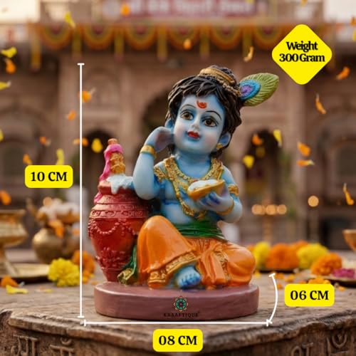 Image of Bal Gopal Baby Krishna Idol with Makhan Matki & Flute | Makhanchor Murti for Home Temple | Kanha Ji Thakur Ji Statue, Handcrafted Marble Dust Krishna Showpiece for Pooja Room, Janmashtami Gift (10 cm)