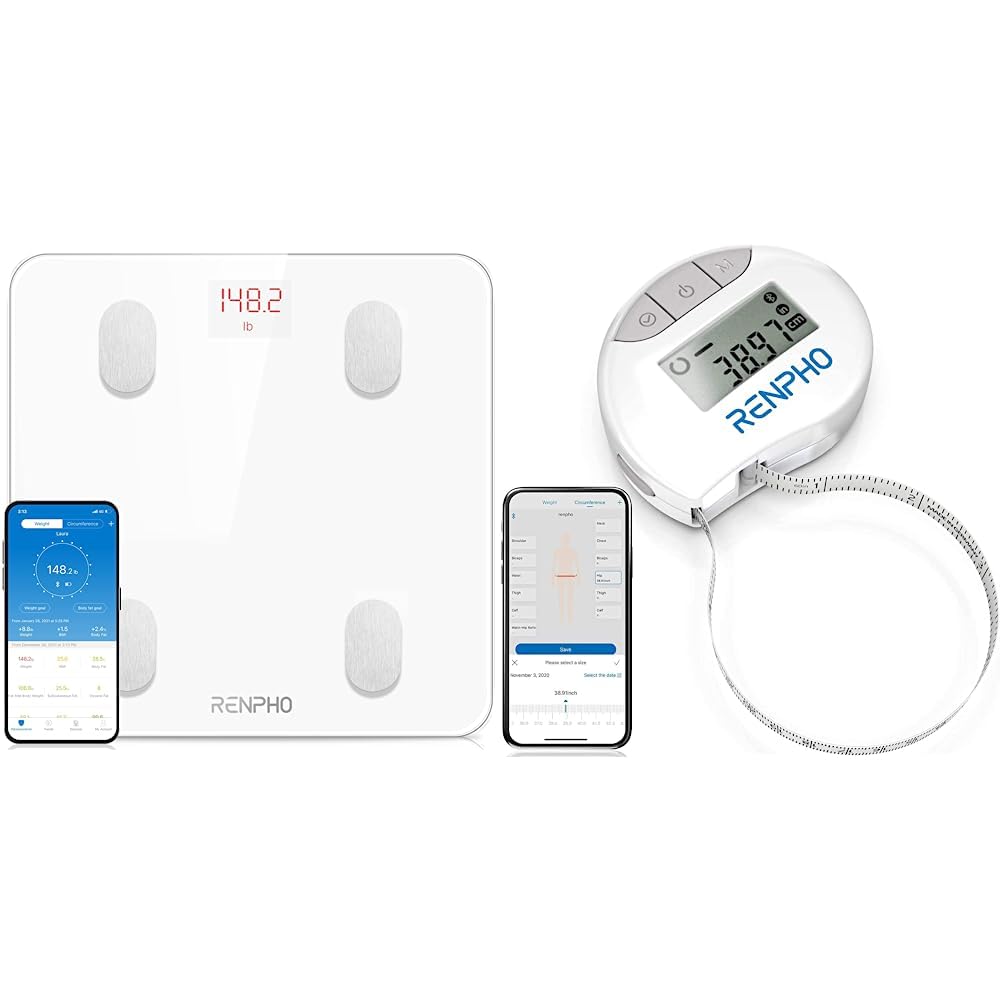 RENPHO Balance Pèse Personne de Haute Précision 400lbs, Balance Connecté Bluetooth Pese Personnes Impédancemètre avec App, Piles incluses & Mètre Ruban Rétractable et Connecté