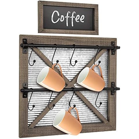 Autumn Alley Rustikaler Becherhalter zur Wandmontage - Bauernhaus Küche Wanddekoration Scheunentür Design Wand Kaffee Becher Rack Wandhalterung Display Cover