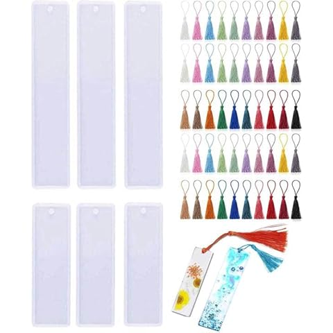 56Pcs Bookmark Epoxy Resin Mold Set, Silicone Bookmark Mould for Resin Bookmark Resin Moulds Silicone Bookmark Rectangle Resin Casting Mould(6 * Molds + 50* Tassels) (56PCS) Cover