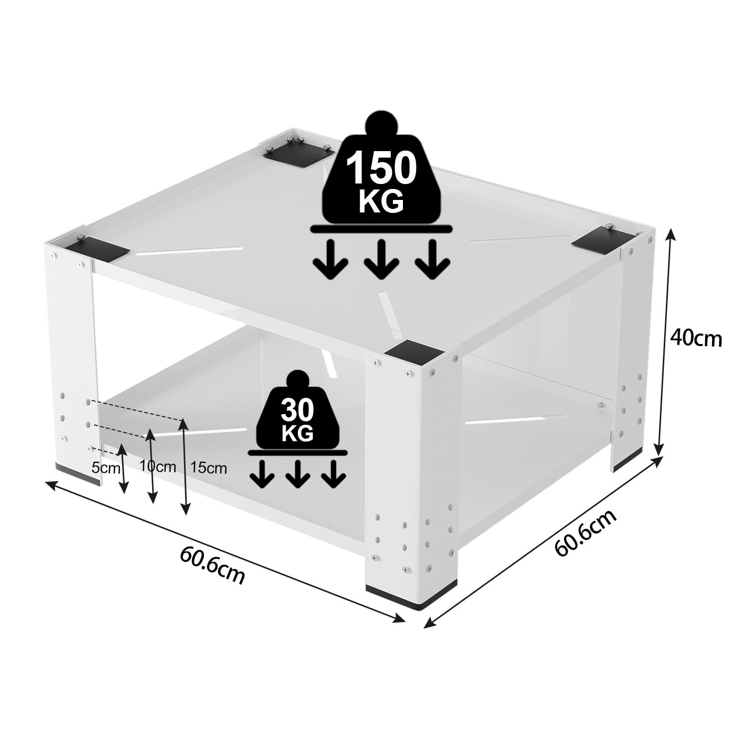 Waschmaschinensockel 60×60×40 cm, bis 150 kg tragfähig, Sockel für Waschmaschine & Wäschetrockner, mit Einlegeboden & Gummipolster, weiß