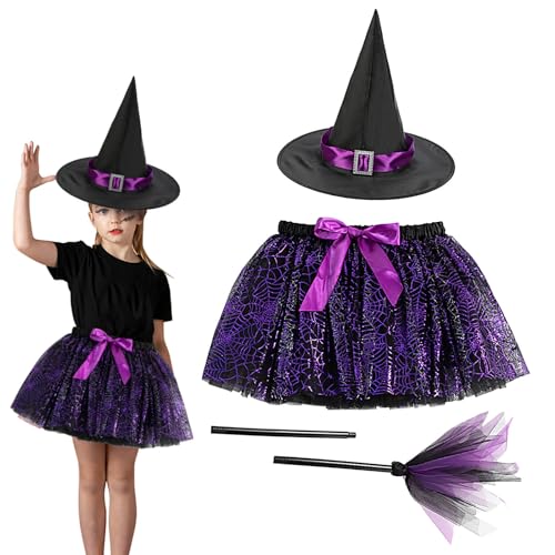 Uozonit Conjunto de falda tutú de bruja de Halloween para niñas, conjunto de falda para niños, falda de bruja de telaraña violeta con forro, falda de baile de tul con sombrero, escoba para niños