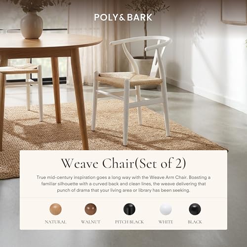Image of Poly & BARK Weave Dining Chairs - Mid-Century Modern Wishbone Dining Chairs with Arms, Solid Wood Frame, Indoor Use - White - Set of 2 - Ideal for Dining Room, Kitchen or Stylish Accent Setting