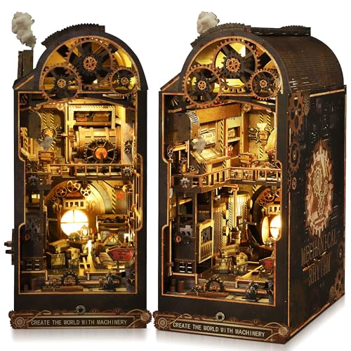 CRIOLPO Book Nook Kit - DIY Miniature House with Sensor LED 3D Wooden Doll House Bookshelf Insert for Adults Creative Gift for Book Lovers and Family - Machinic Throb