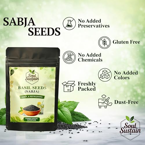 Image of SoulSustain Basil Seeds Sabja Seeds 100 Gram for Drinks Falooda Detox Fiber Rich Tukmaria Seeds for Digestion Cooling Summer Drink Ingredient Natural Sweet Basil Seeds for Soaking Beverages.