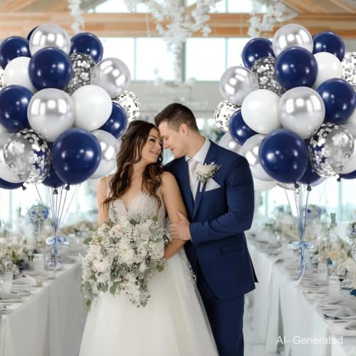 Image of Zesliwy Navy Blue Silver Balloons Kit,50pcs 12inch Royal Dark Blue Metallic Silver White Balloon with Confetti Latex Balloon for Wedding Graduation 2026 Birthday Anniversary Party Decorations