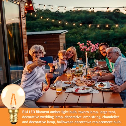 Caldarax Mini Globe E14 LED Filament Bulb 1W, SES Small Edison Screw Golfball Bulb G40 E14 LED Vintage, 10W Equivalent, Amber Glass Warm White 2200K Chandelier Bulbs, Non-Dimmable, 6 Pack - Image 4