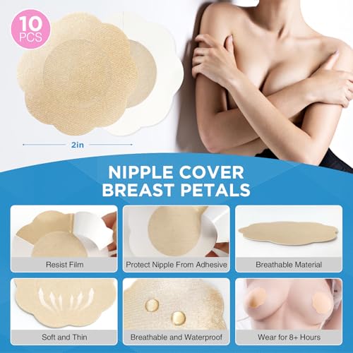 OK TAPE Breast Lift Tape, Boob Tape for Large Breasts Lift with 5 Pairs Nipple Cover Set, Breathable and Invisible Body Tape for A-G Cup, Brown, 2" x 16.4ft4