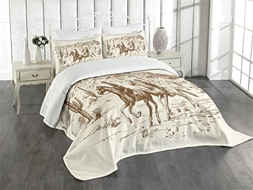 Lunarable Western Bedspread, Country Theme Hand Drawn Illustration of American Wild West Desert with Cowboys, Decorative Quilted 3 Piece Coverlet Set with 2 Pillow Shams, Queen Size, Umber Cream