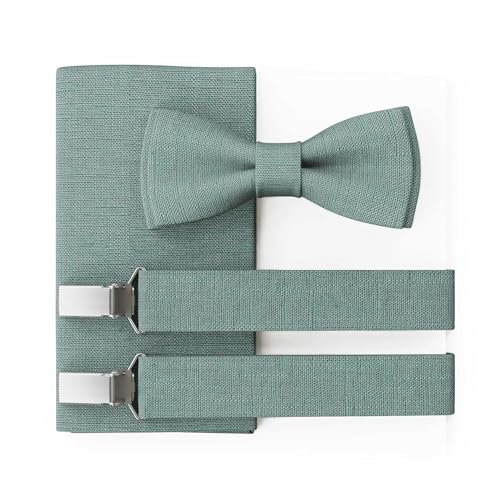 MAY-TIE Herren Leinen Fliege Set | Hochzeitsfliege vegan vorgebunden | Leinenfliege Eukalyptus Grün | Optional mit Einstecktuch & Hosenträger | Large Batwing