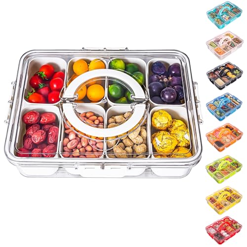 Divided Serving Tray with Lid and Handle - Snackle Box Charcuterie Container for Portable Snack Platters - Clear Organizer for Candy, Fruits, Nuts, Snacks - Perfect for Party, Entertaining