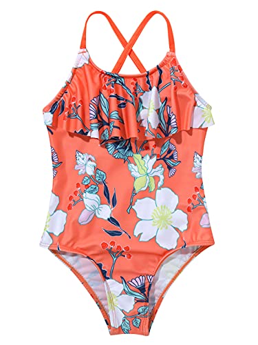Girls Floral Printed One-Piece Swimsuit Kids Criss Cross Flounce Bathing Suit Swimming Leotard3
